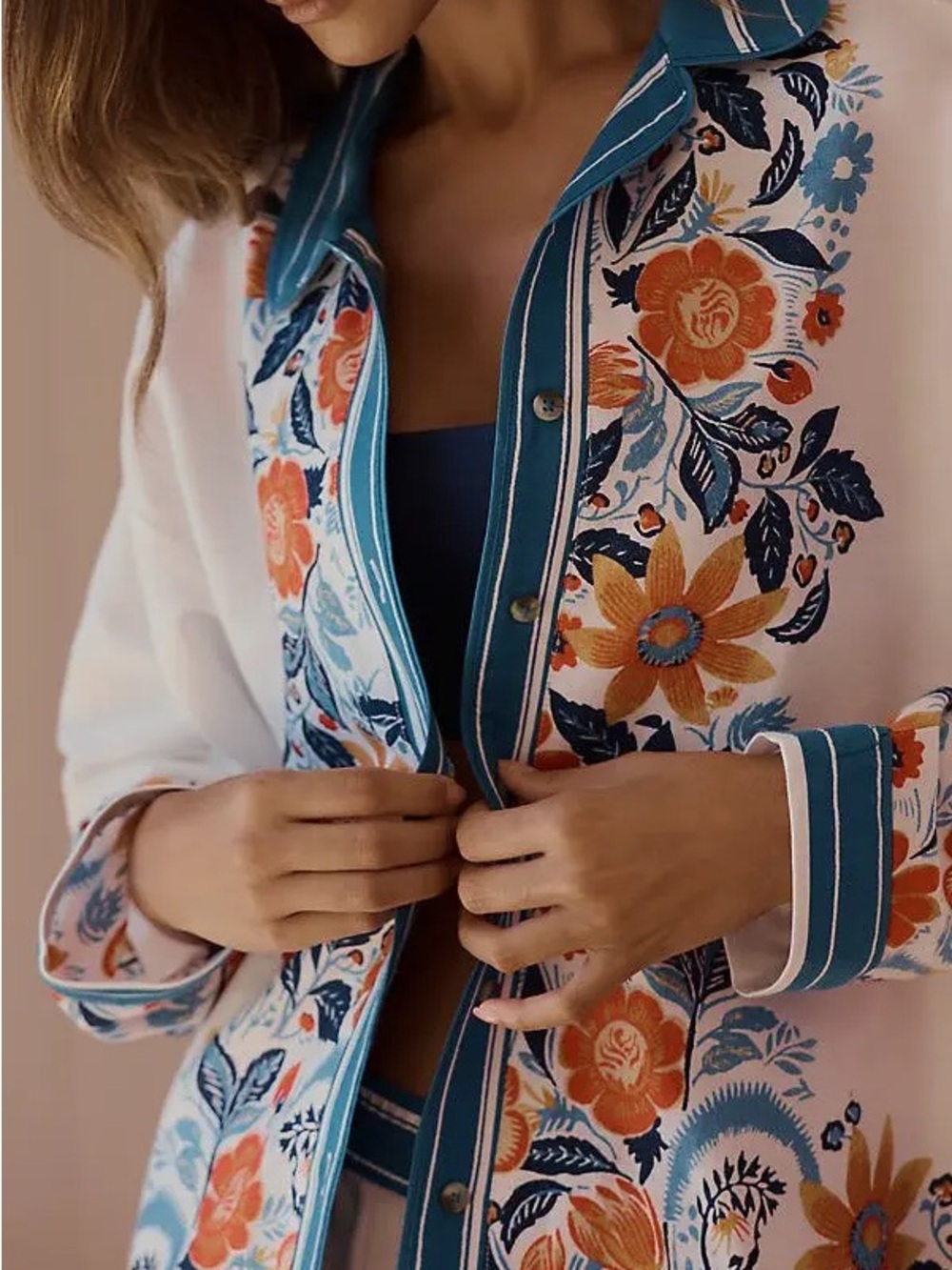 Anthropologie Floral Button-Front in Teal & Orange